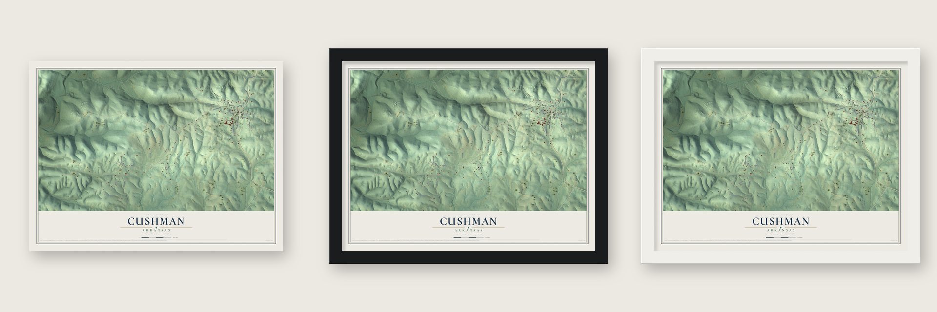 Cushman, Arkansas map unframed, in a black wood frame and in a white wood frame