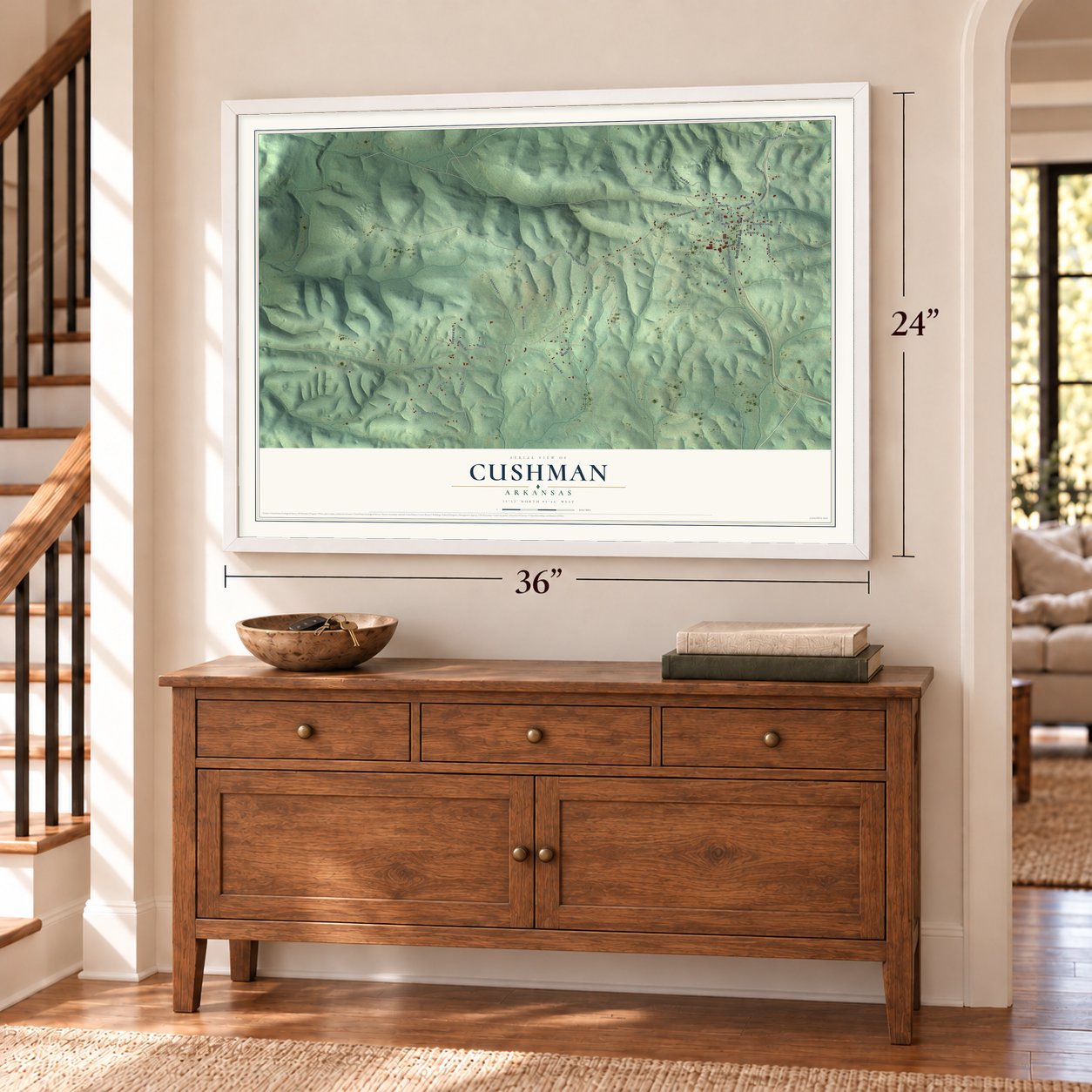 Cushman, Arkansas map, 24 x 36 inch print in a white frame above a dresser by a staircase