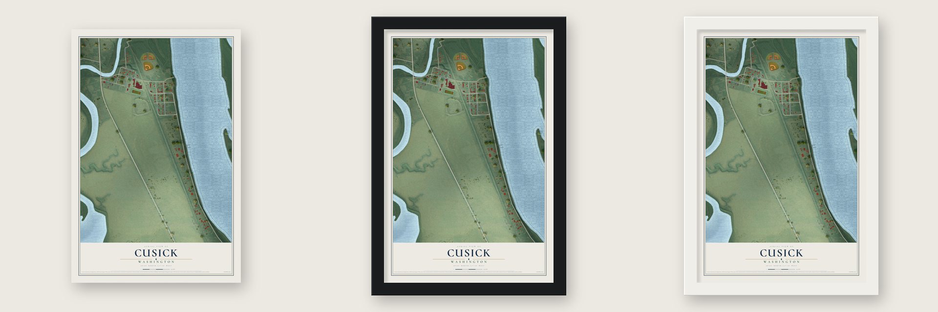 Cusick, Washington map unframed, in a black wood frame and in a white wood frame