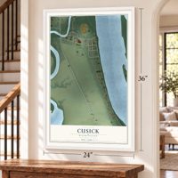 Cusick, Washington map, 24 x 36 inch print in a white frame by a staircase