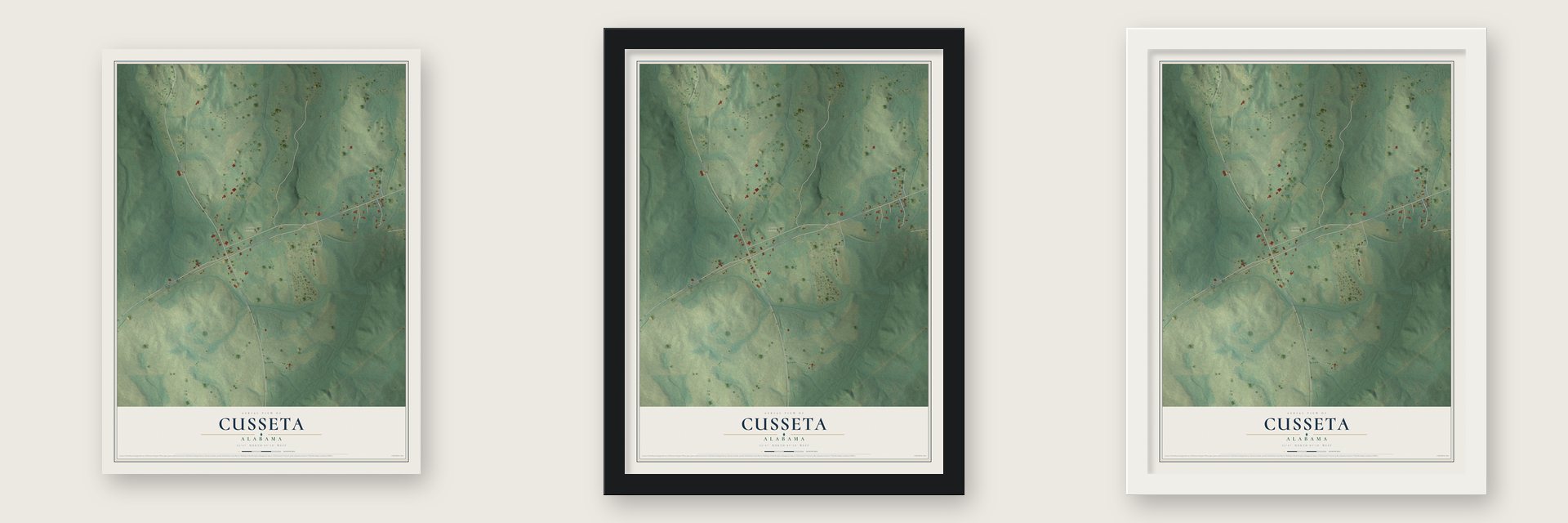 Cusseta, Alabama map unframed, in a black wood frame and in a white wood frame