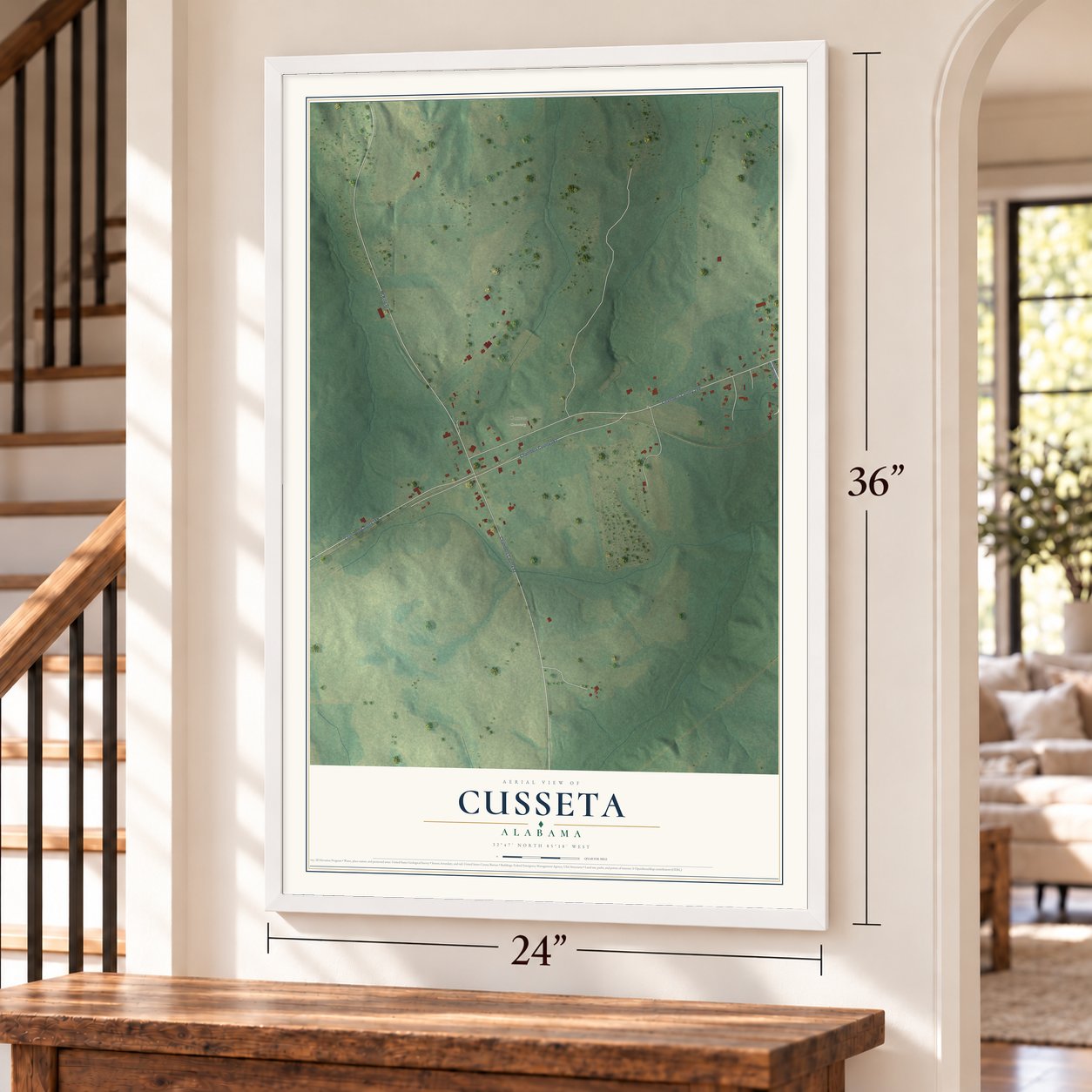 Cusseta, Alabama map, 24 x 36 inch print in a white frame by a staircase