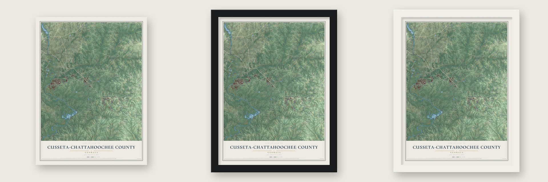 Cusseta-Chattahoochee County, Georgia map unframed, in a black wood frame and in a white wood frame