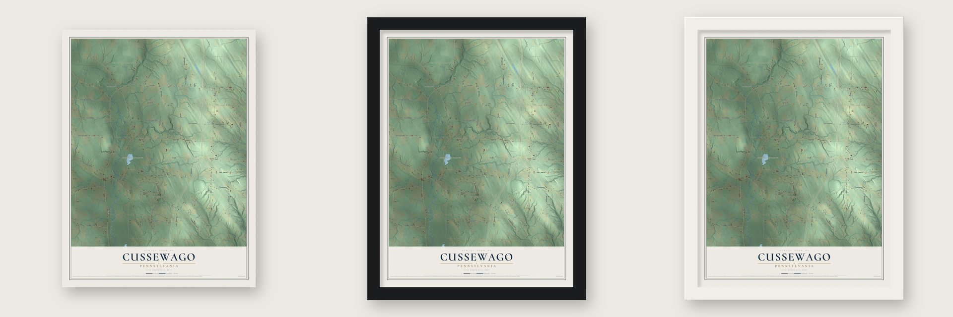 Cussewago, Pennsylvania map unframed, in a black wood frame and in a white wood frame