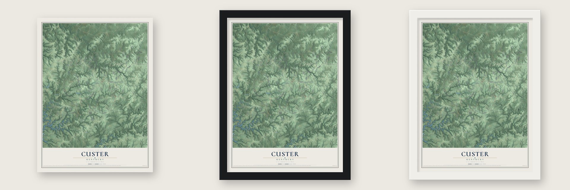 Custer, Kentucky map unframed, in a black wood frame and in a white wood frame