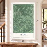 Custer, Kentucky map, 24 x 36 inch print in a white frame by a staircase