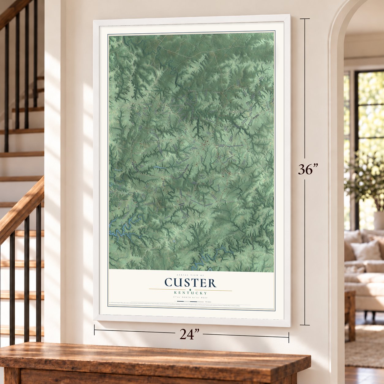 Custer, Kentucky map, 24 x 36 inch print in a white frame by a staircase