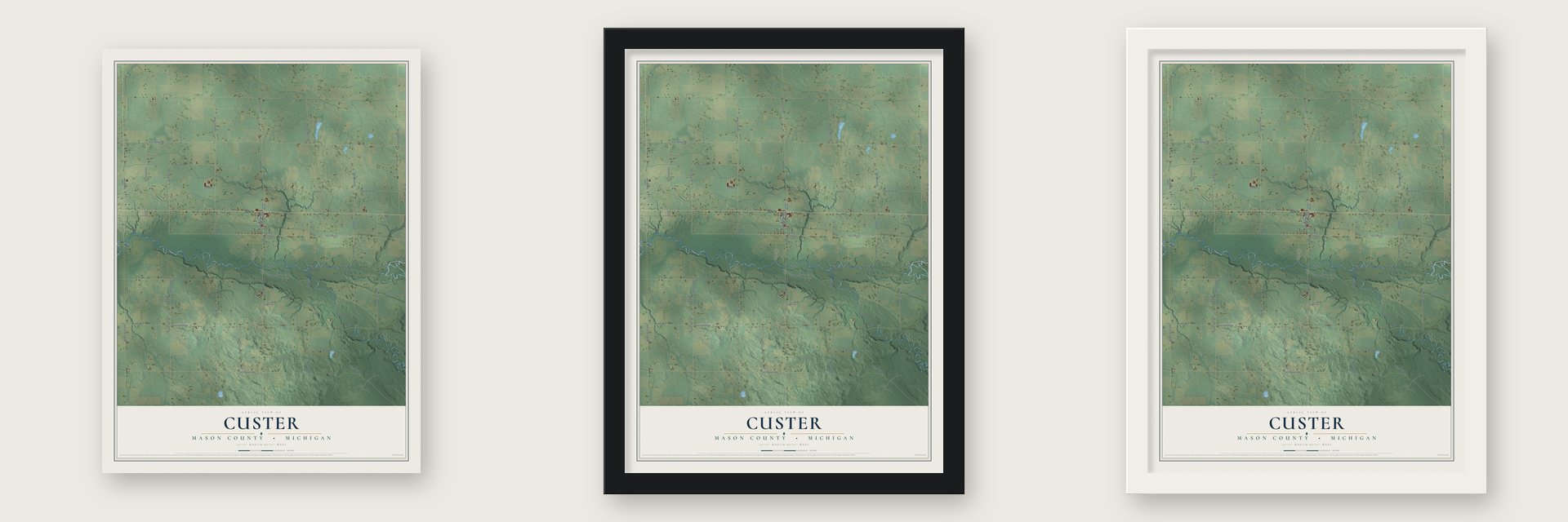 Custer, Mason County, Michigan map unframed, in a black wood frame and in a white wood frame