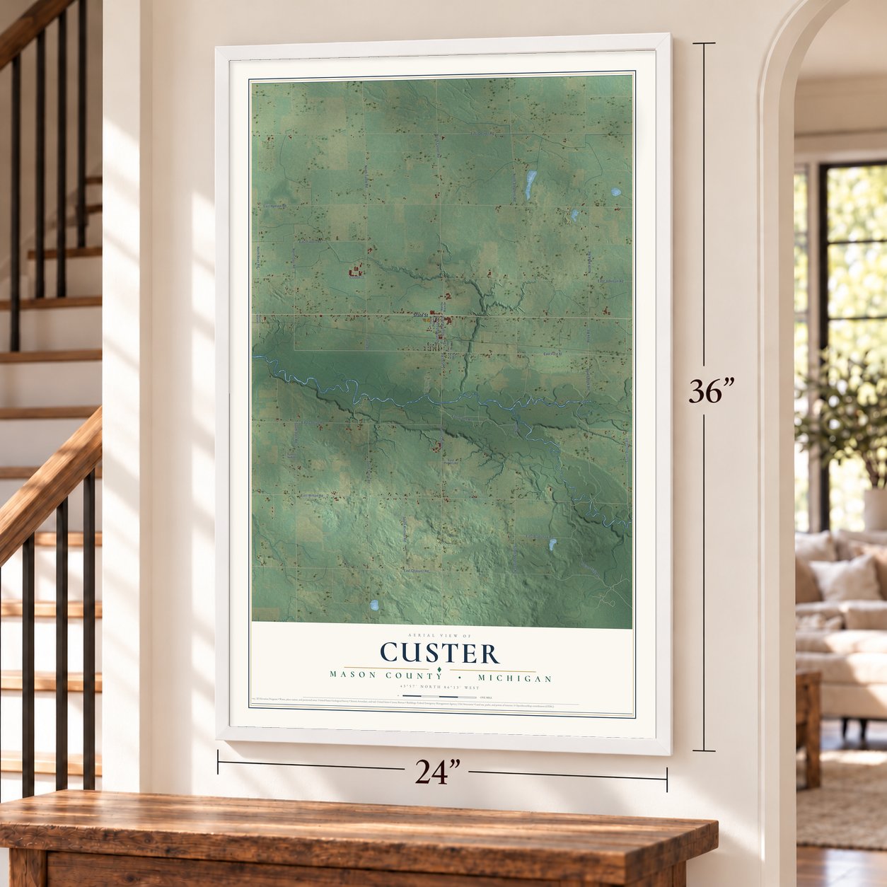 Custer, Mason County, Michigan map, 24 x 36 inch print in a white frame by a staircase