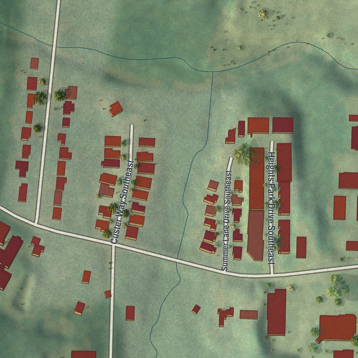 Second close-up of the map of Custer-McDonough-Guice, Georgia print showing more streets and buildings