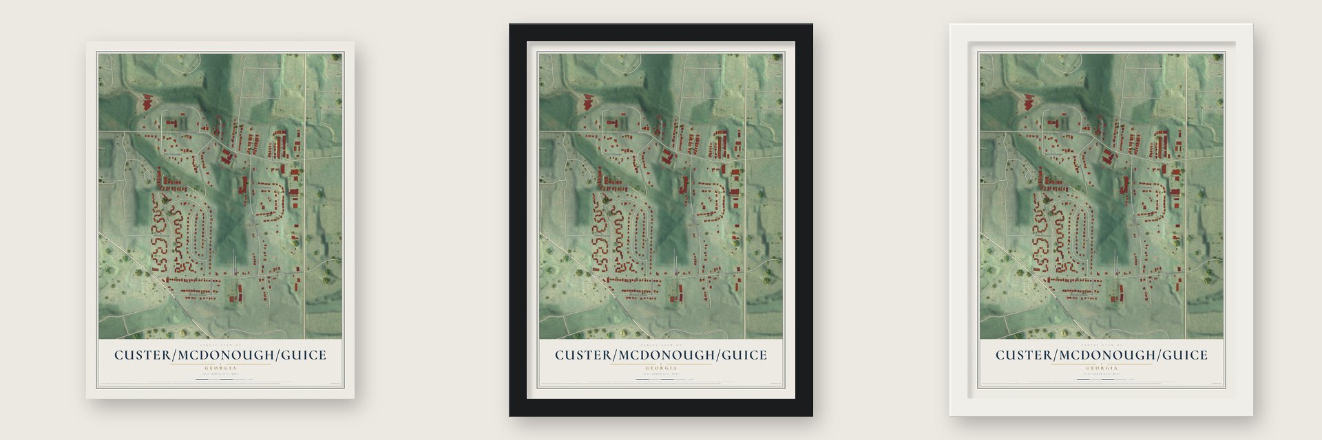 Custer-McDonough-Guice, Georgia map unframed, in a black wood frame and in a white wood frame