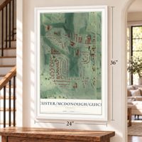 Custer-McDonough-Guice, Georgia map, 24 x 36 inch print in a white frame by a staircase
