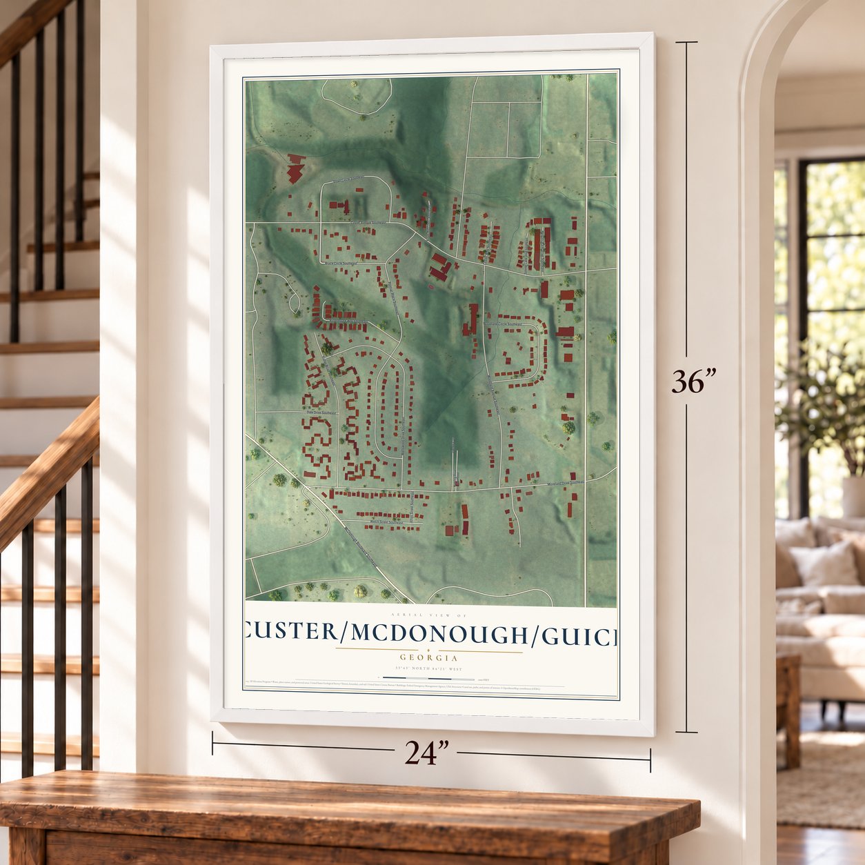 Custer-McDonough-Guice, Georgia map, 24 x 36 inch print in a white frame by a staircase