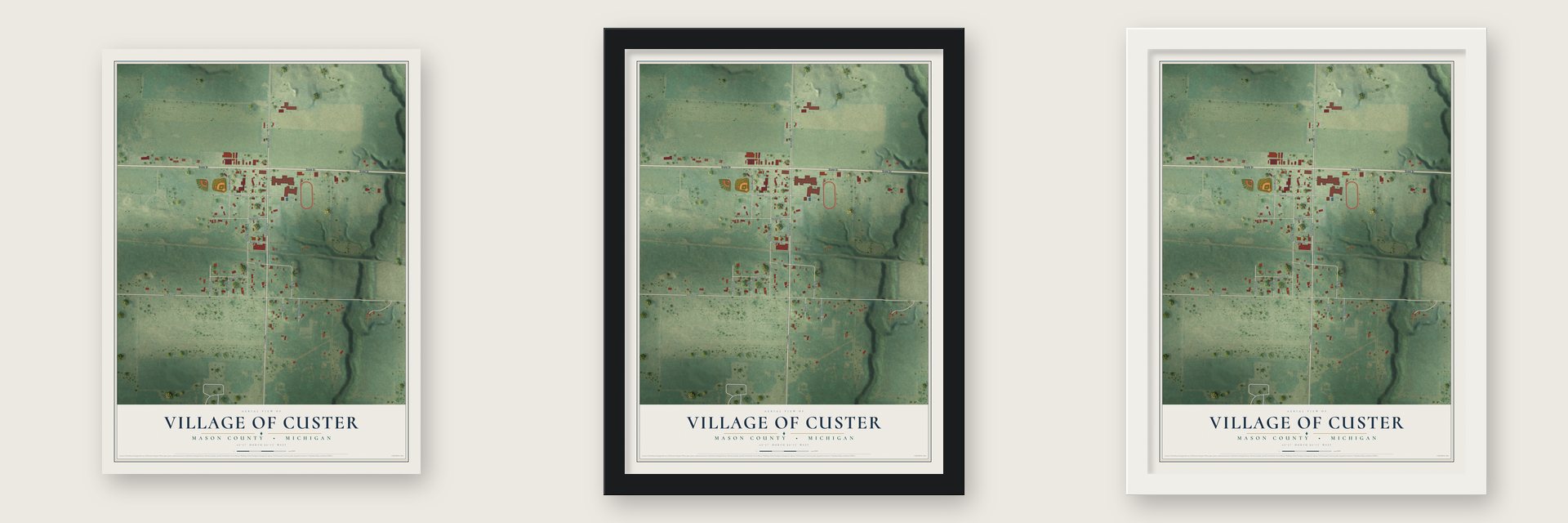 Custer, Michigan map unframed, in a black wood frame and in a white wood frame