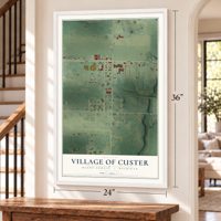 Custer, Michigan map, 24 x 36 inch print in a white frame by a staircase