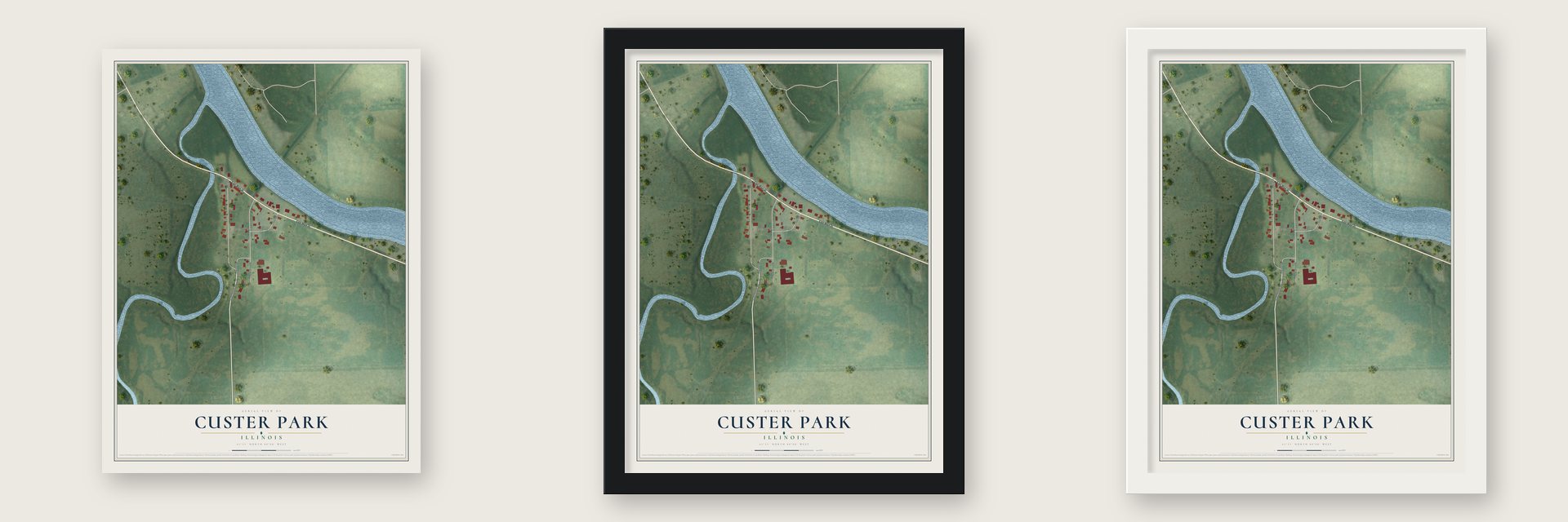 Custer Park, Illinois map unframed, in a black wood frame and in a white wood frame