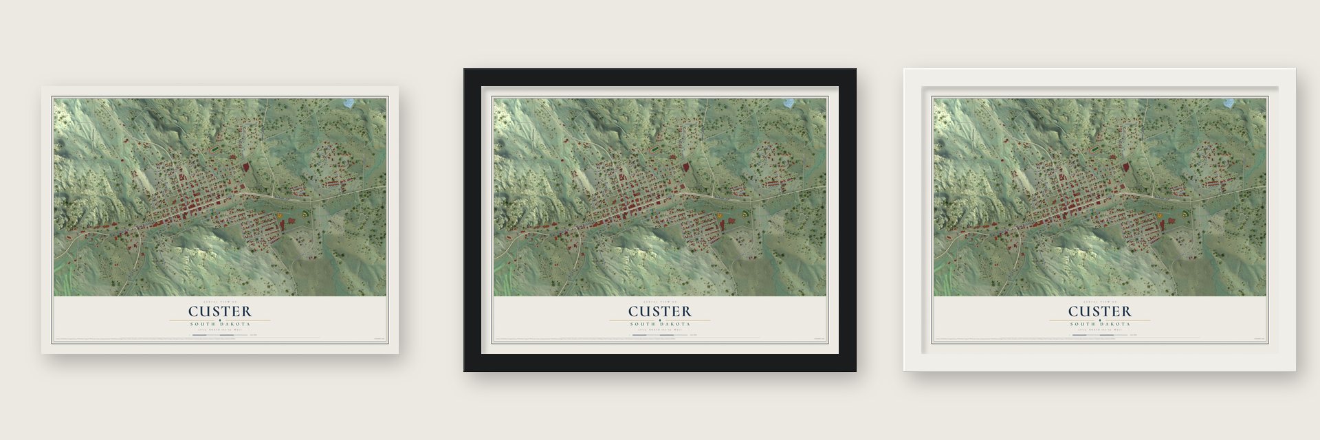 Custer, South Dakota map unframed, in a black wood frame and in a white wood frame