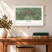 Custer, South Dakota map, 12 x 18 inch print in a white frame in an entryway