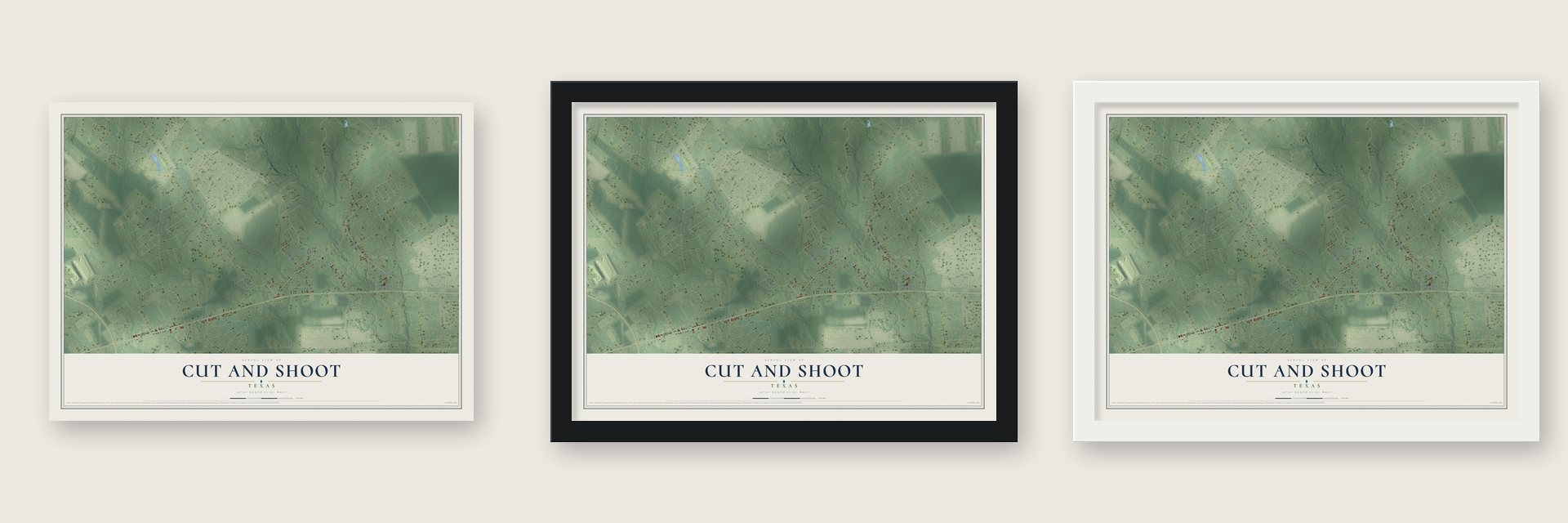 Cut and Shoot, Texas map unframed, in a black wood frame and in a white wood frame