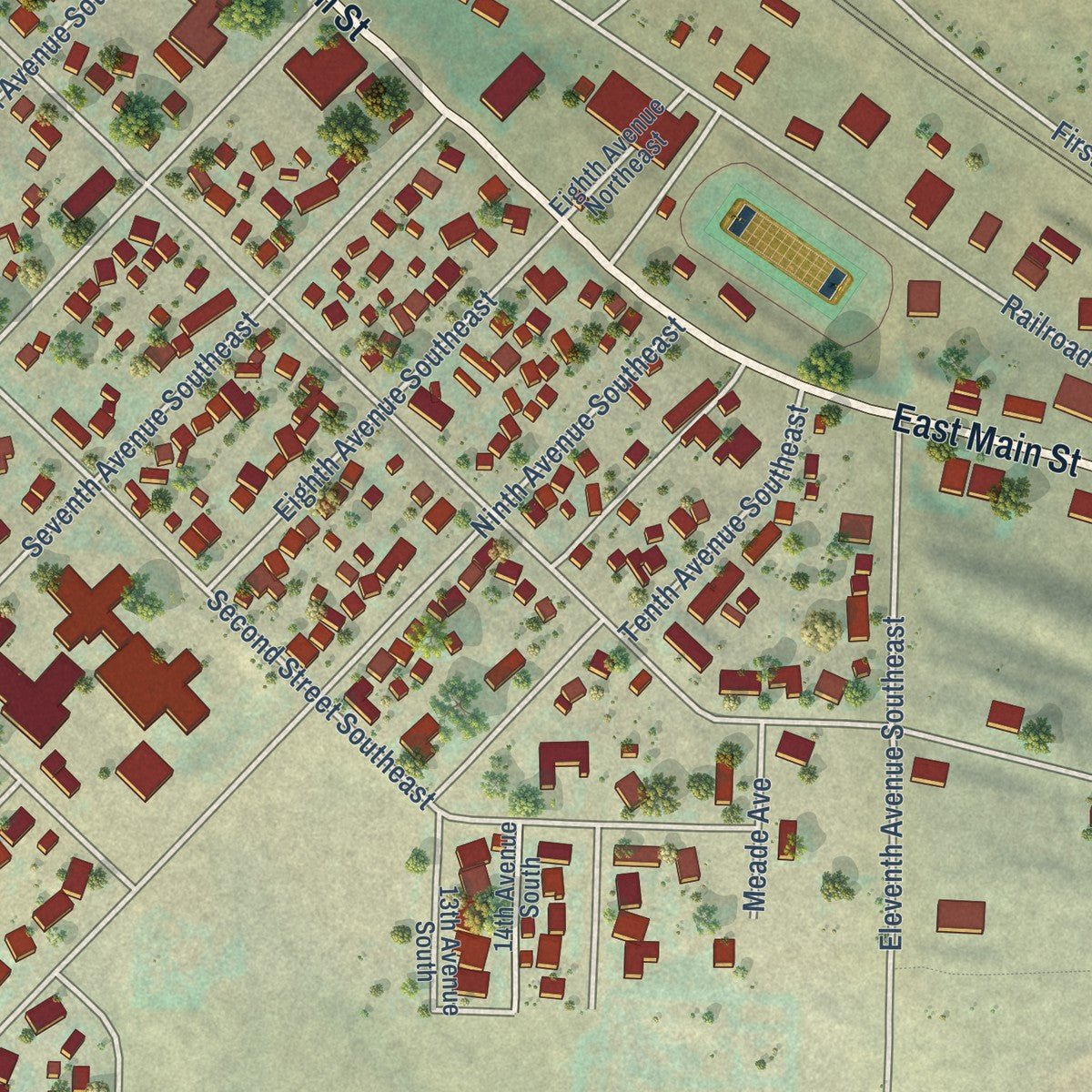 Second close-up of the map of Cut Bank, Montana print showing more streets and buildings