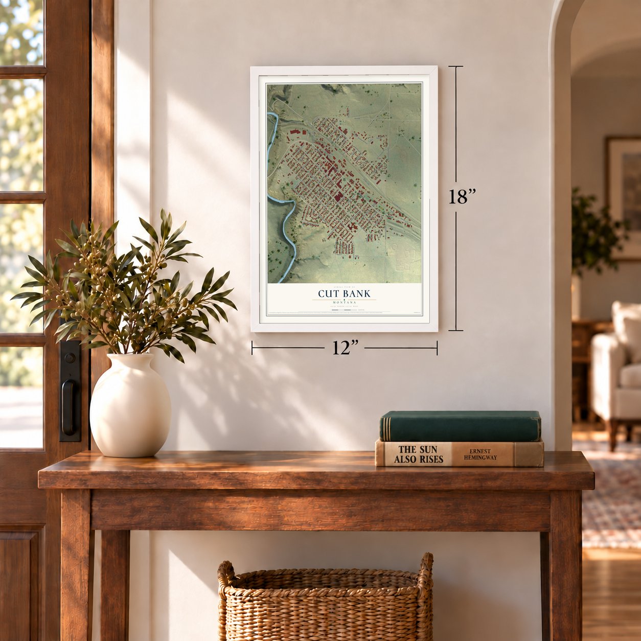 Cut Bank, Montana map, 12 x 18 inch print in a white frame in an entryway