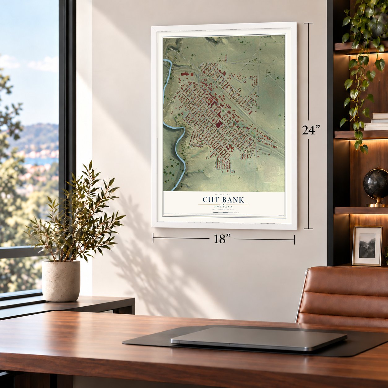 Cut Bank, Montana map, 18 x 24 inch print in a white frame in a home office