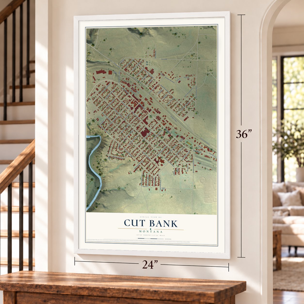Cut Bank, Montana map, 24 x 36 inch print in a white frame by a staircase
