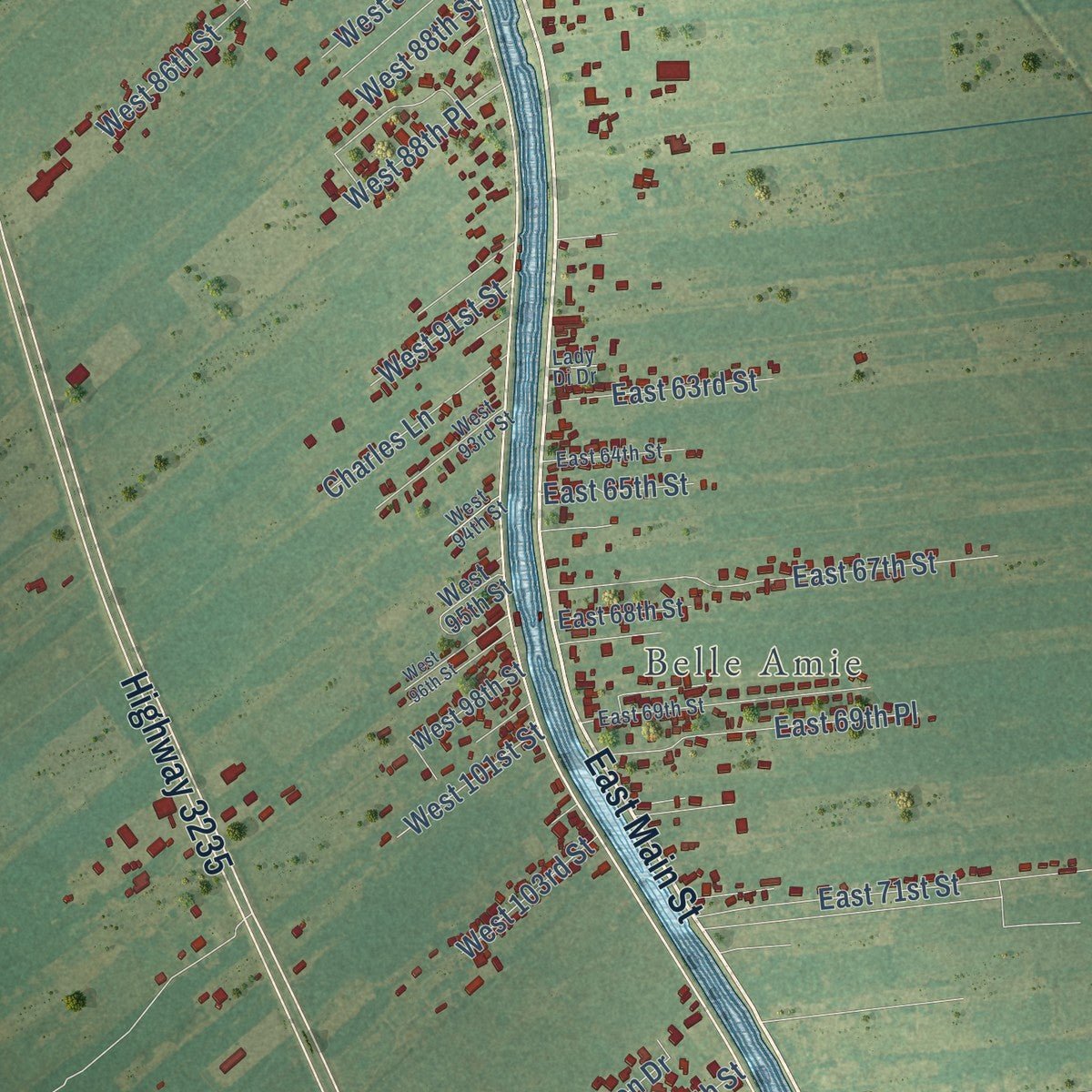 Second close-up of the map of Cut Off, Louisiana print showing more streets and buildings
