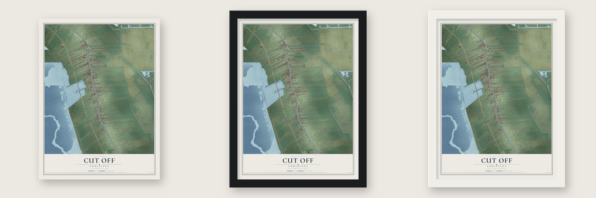 Cut Off, Louisiana map unframed, in a black wood frame and in a white wood frame