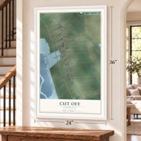 Cut Off, Louisiana map, 24 x 36 inch print in a white frame by a staircase
