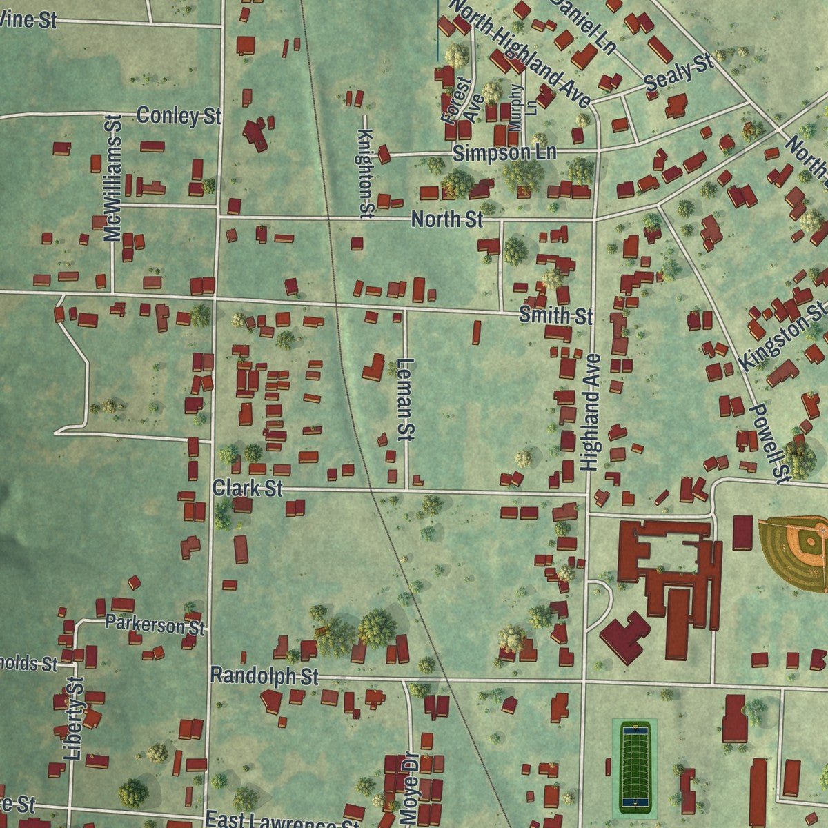 Second close-up of the map of Cuthbert, Georgia print showing more streets and buildings