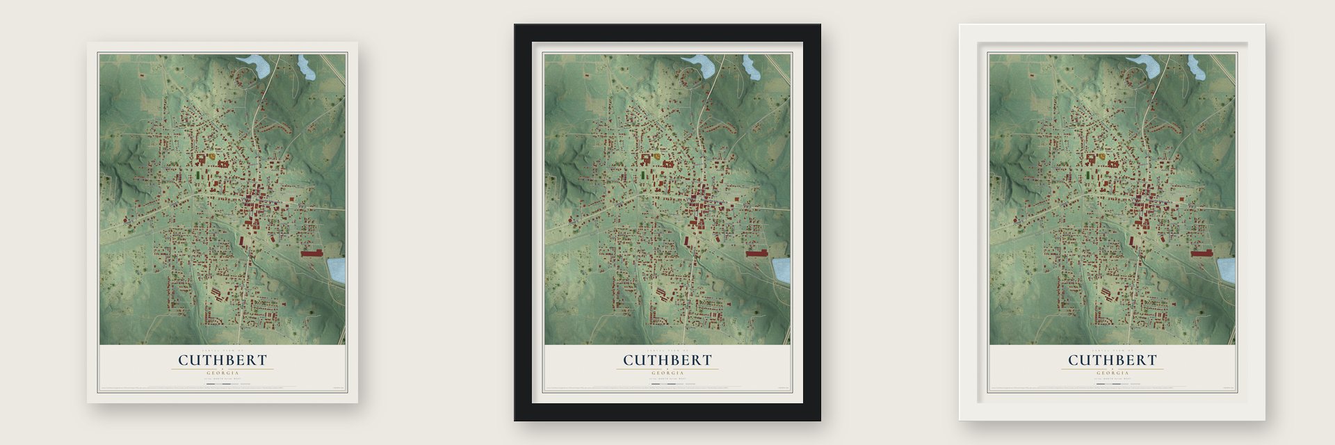 Cuthbert, Georgia map unframed, in a black wood frame and in a white wood frame