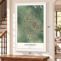 Cuthbert, Georgia map, 24 x 36 inch print in a white frame by a staircase