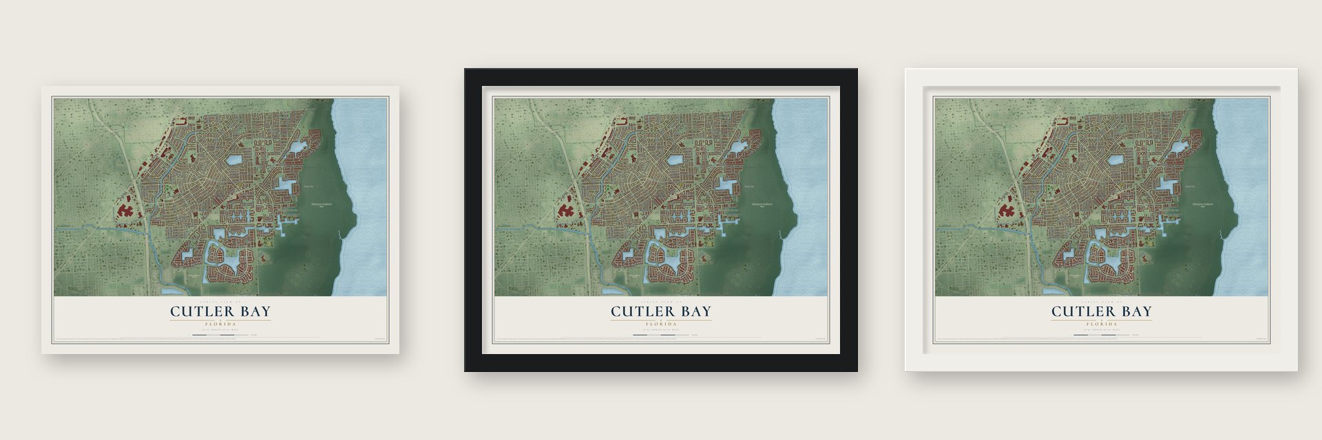 Cutler Bay, Florida map unframed, in a black wood frame and in a white wood frame