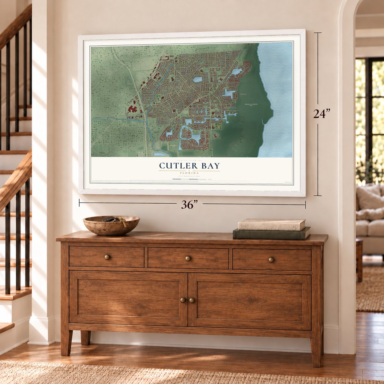 Cutler Bay, Florida map, 24 x 36 inch print in a white frame above a dresser by a staircase