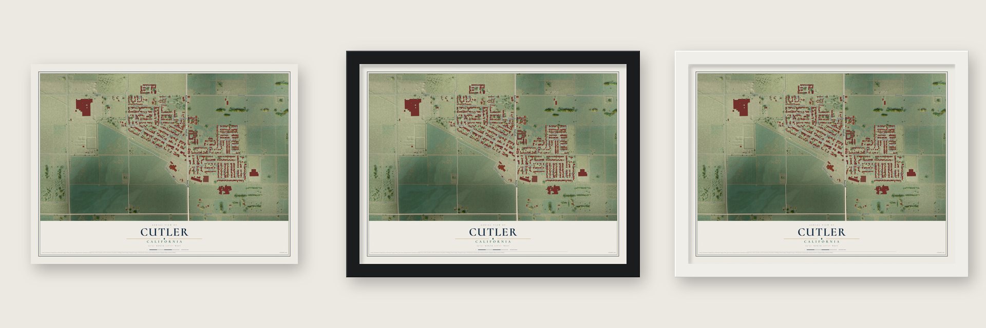 Cutler, California map unframed, in a black wood frame and in a white wood frame