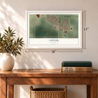 Cutler, California map, 12 x 18 inch print in a white frame in an entryway