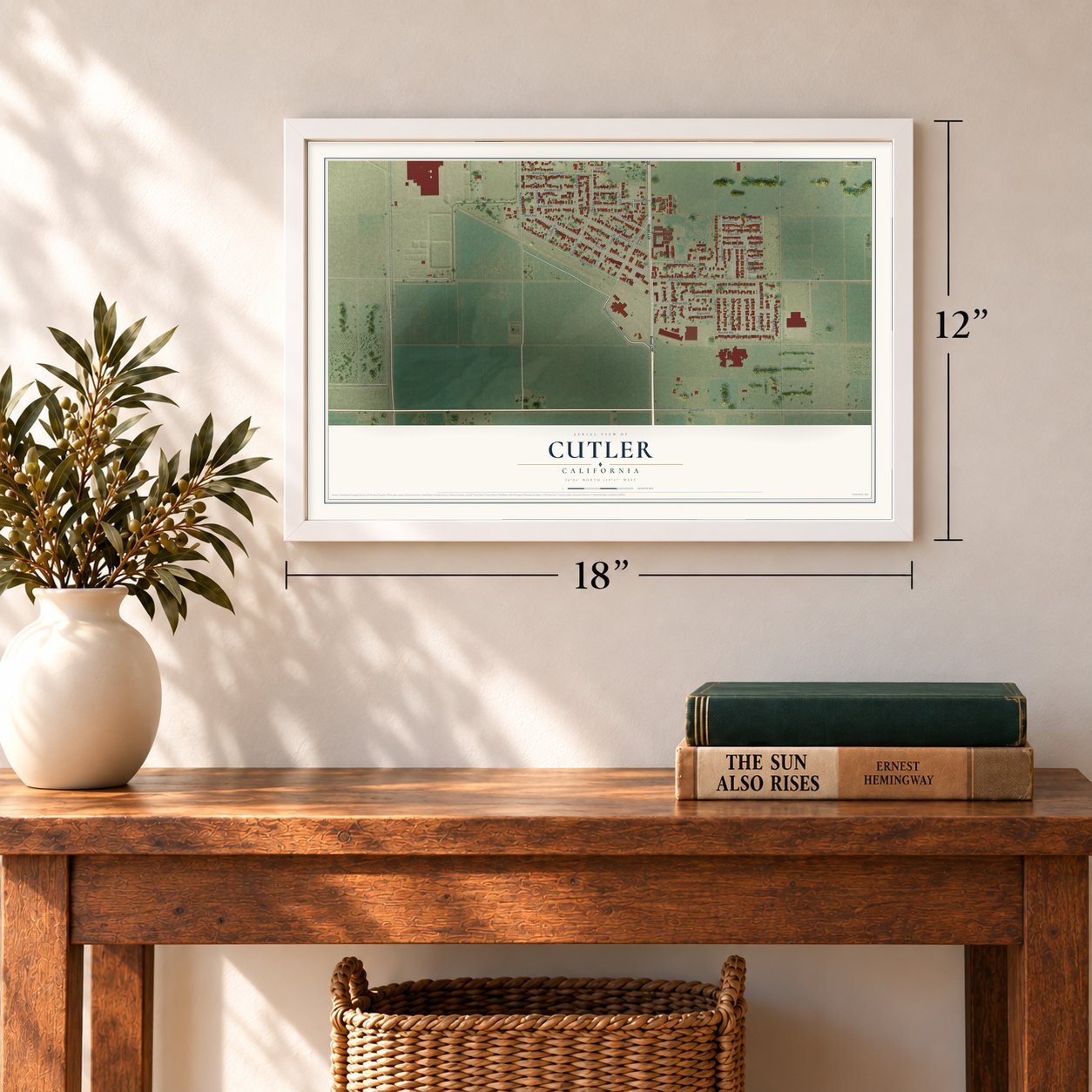 Cutler, California map, 12 x 18 inch print in a white frame in an entryway