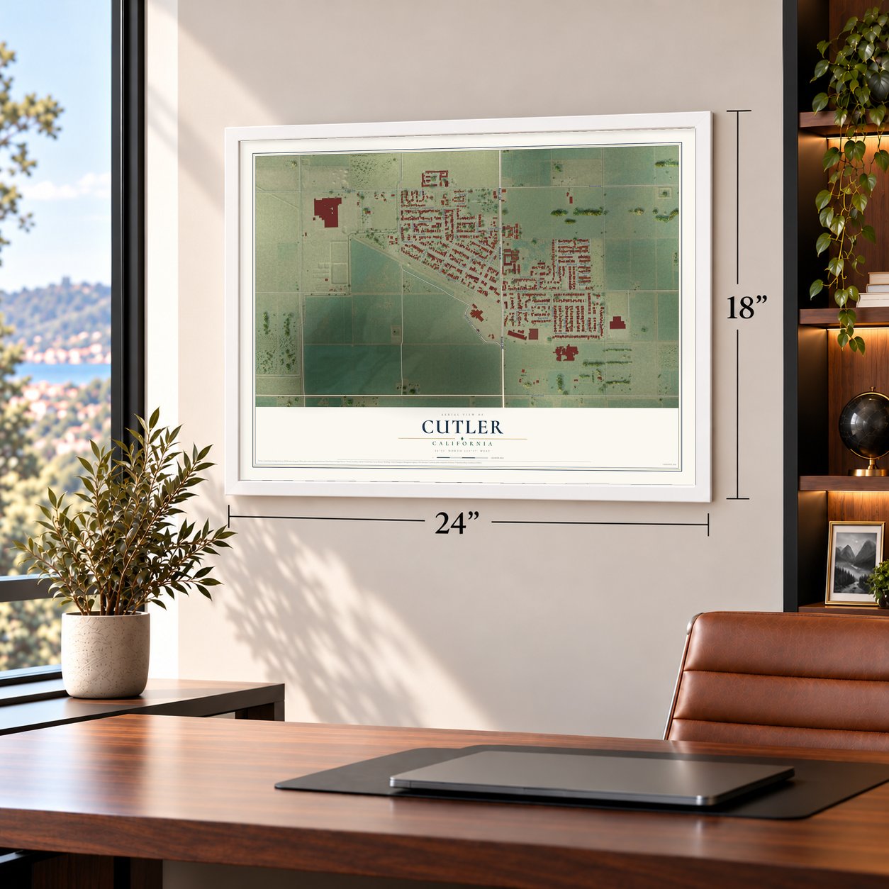 Cutler, California map, 18 x 24 inch print in a white frame in a home office