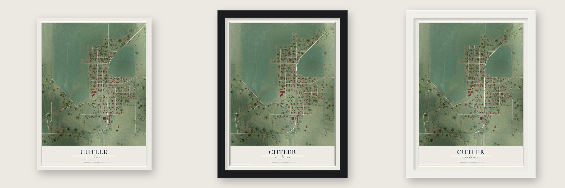 Cutler, Illinois map unframed, in a black wood frame and in a white wood frame