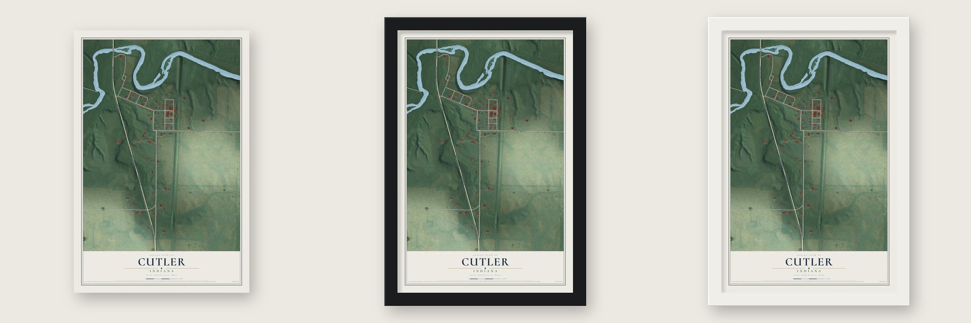 Cutler, Indiana map unframed, in a black wood frame and in a white wood frame