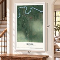 Cutler, Indiana map, 24 x 36 inch print in a white frame by a staircase