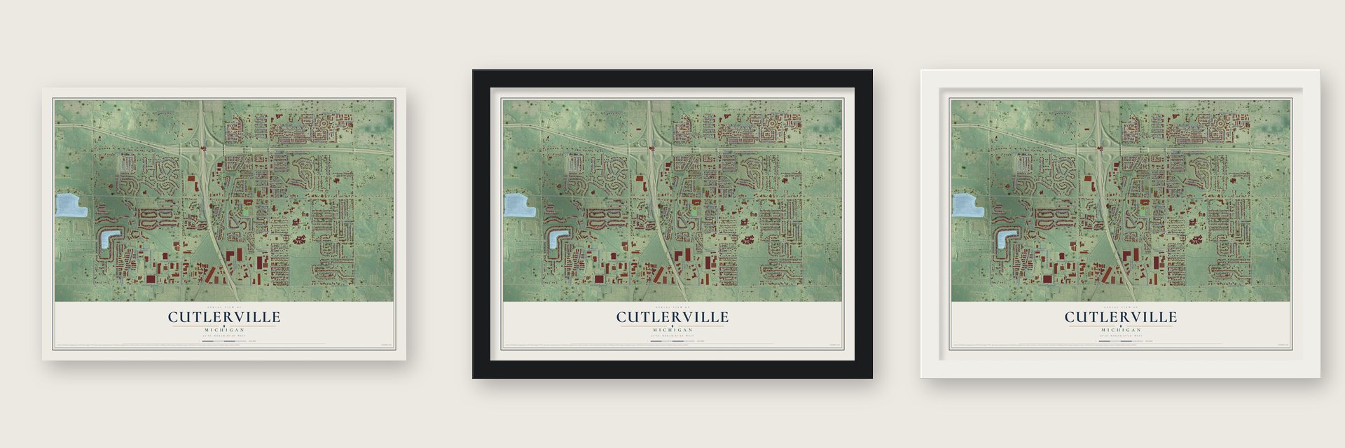 Cutlerville, Michigan map unframed, in a black wood frame and in a white wood frame
