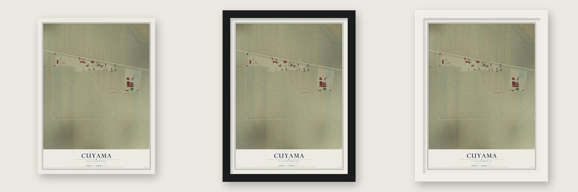Cuyama, California map unframed, in a black wood frame and in a white wood frame