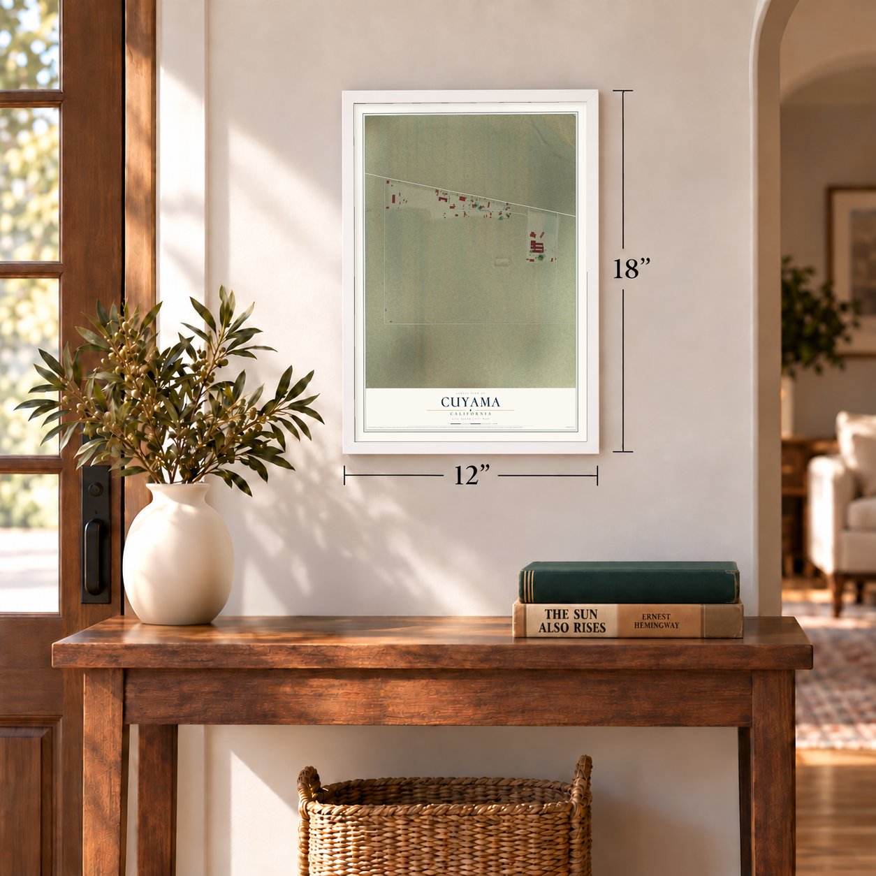 Cuyama, California map, 12 x 18 inch print in a white frame in an entryway