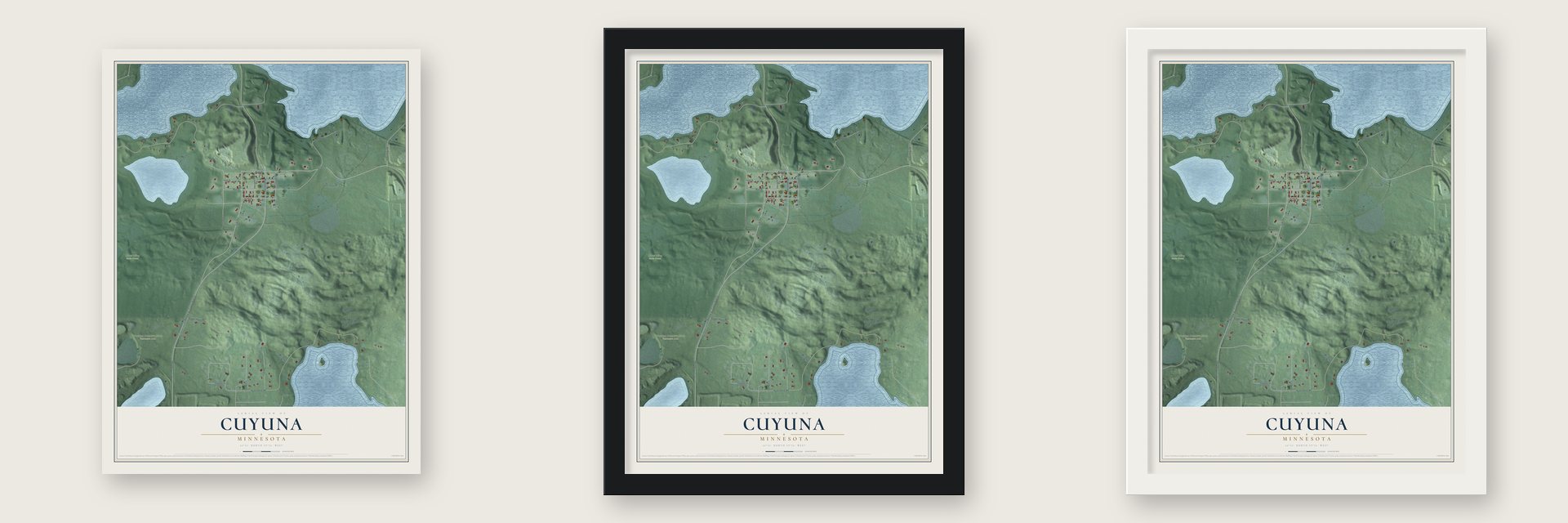 Cuyuna, Minnesota map unframed, in a black wood frame and in a white wood frame