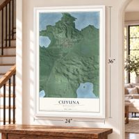 Cuyuna, Minnesota map, 24 x 36 inch print in a white frame by a staircase