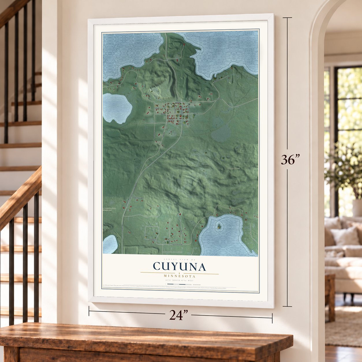 Cuyuna, Minnesota map, 24 x 36 inch print in a white frame by a staircase