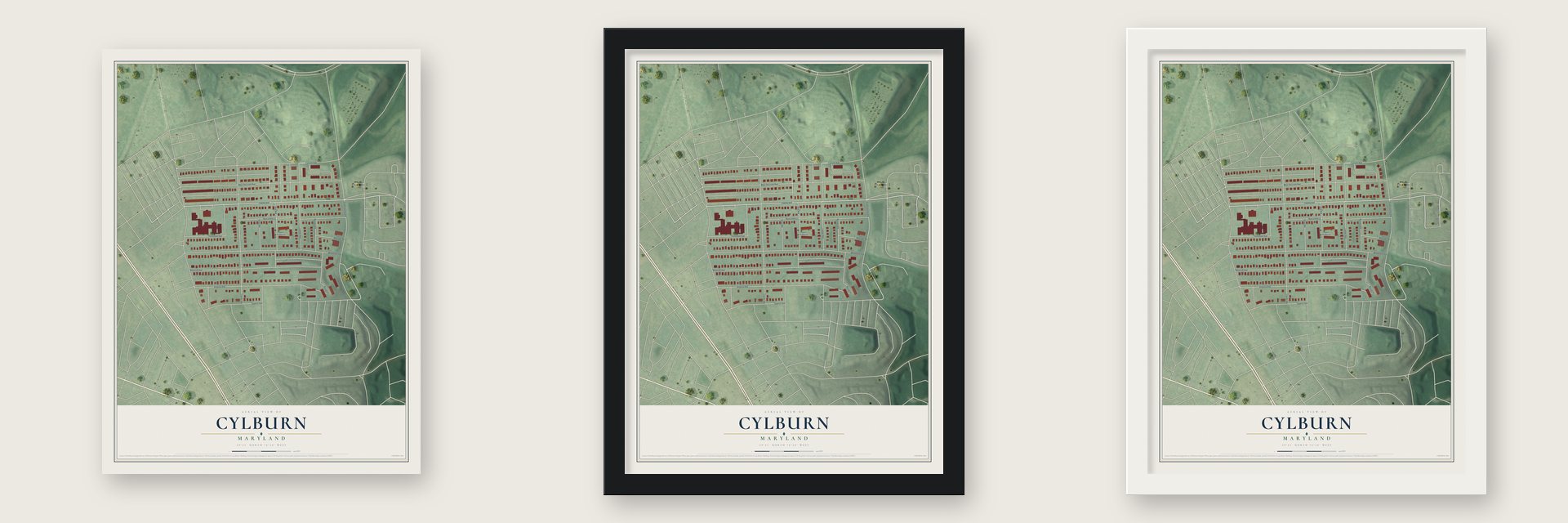 Cylburn, Maryland map unframed, in a black wood frame and in a white wood frame