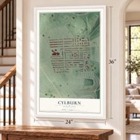 Cylburn, Maryland map, 24 x 36 inch print in a white frame by a staircase